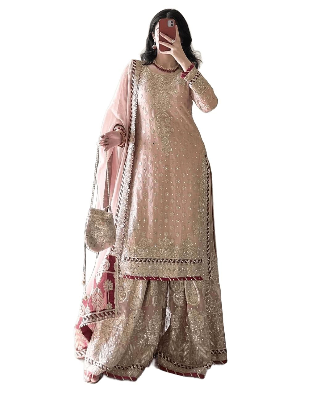 Photo 1 of Fashion Gizz Indian Designer Women Kurti Suit Bollywood Beautiful Embroidered Lace with Moti Work Kurta Plazo Dupatta Set Peach. XL Size