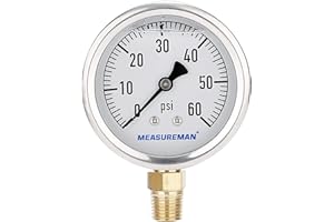 MEASUREMAN 2-1/2inch Dial Size, Glycerin Filled Plumbing Pressure Gauge, 0-60psi, Stainless Steel Case, 1/4inchNPT Lower Mount