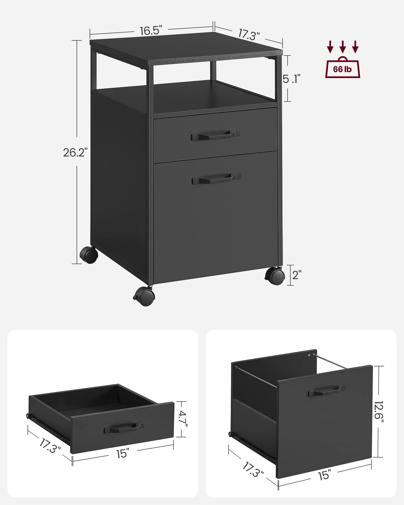 VASAGLE File Cabinet, Mobile Filing Cabinet with Wheels, 2 Drawers, Open Shelf, for A4, Letter Size, Hanging File Folders, Ink Black UOFC071B16