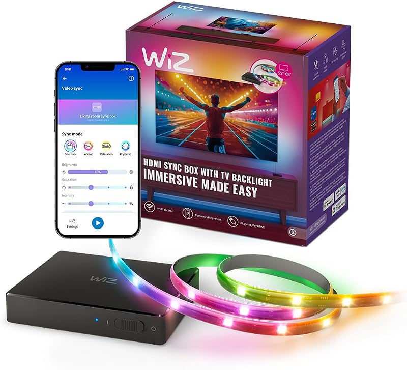 HDMI Sync Box mit TV Beleuchtung, Synchronisiert Licht zu Filmen/Games etc.,HDMI 2.0 unterstützt 4K bei 60Hz,RGBIC LED Strip für 55"-65" Zoll, App-/Sprachsteuerung, Erfordert externe Videoquelle