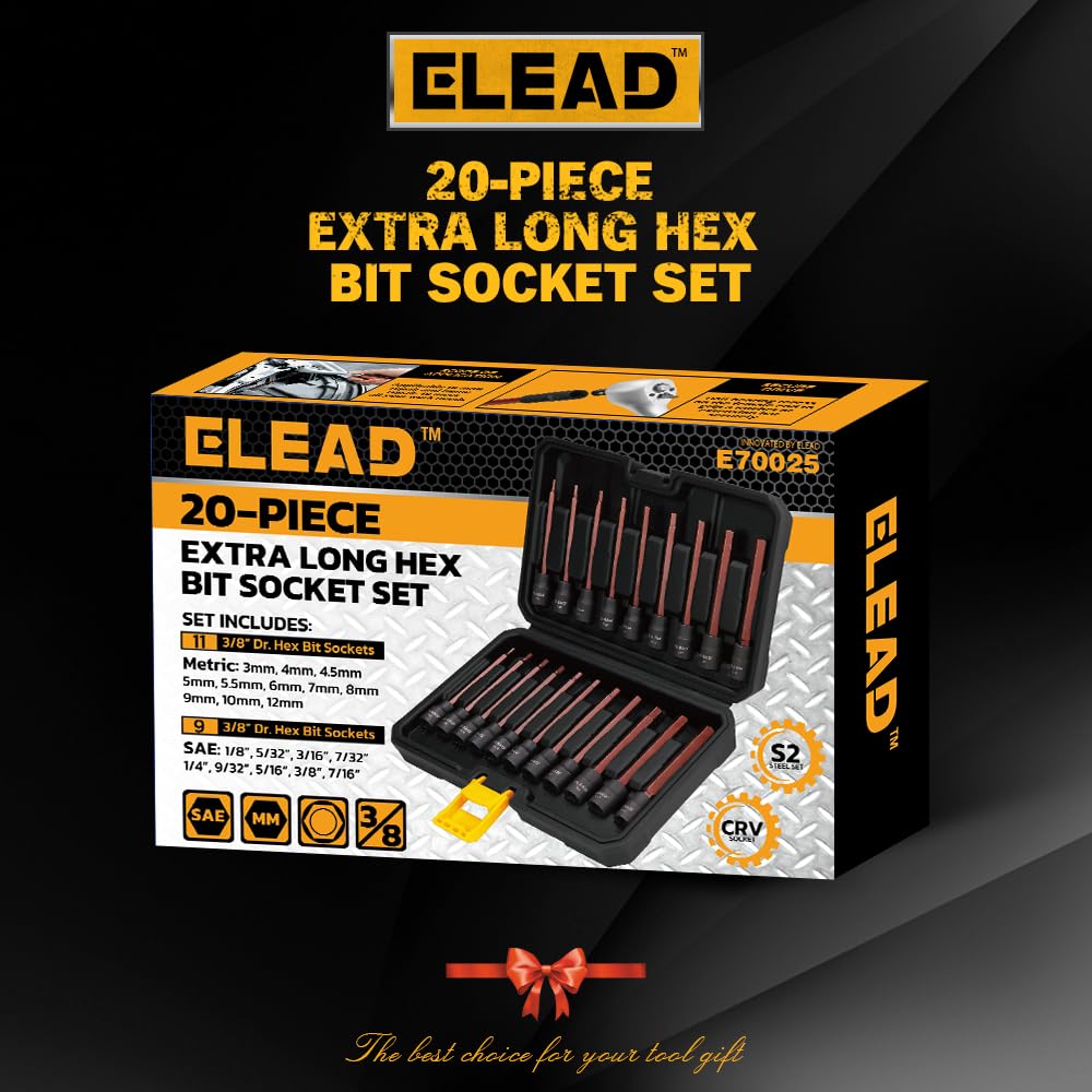 ELEAD 20-Piece 3/8 Inch Drive Extra-Long Allen Hex Bit Socket Set: S2 Steel, Standard SAE & Metric (1/8-Inch - 7/16-Inch, 3-12mm) for Impact Drills and Ratchet Wrenches