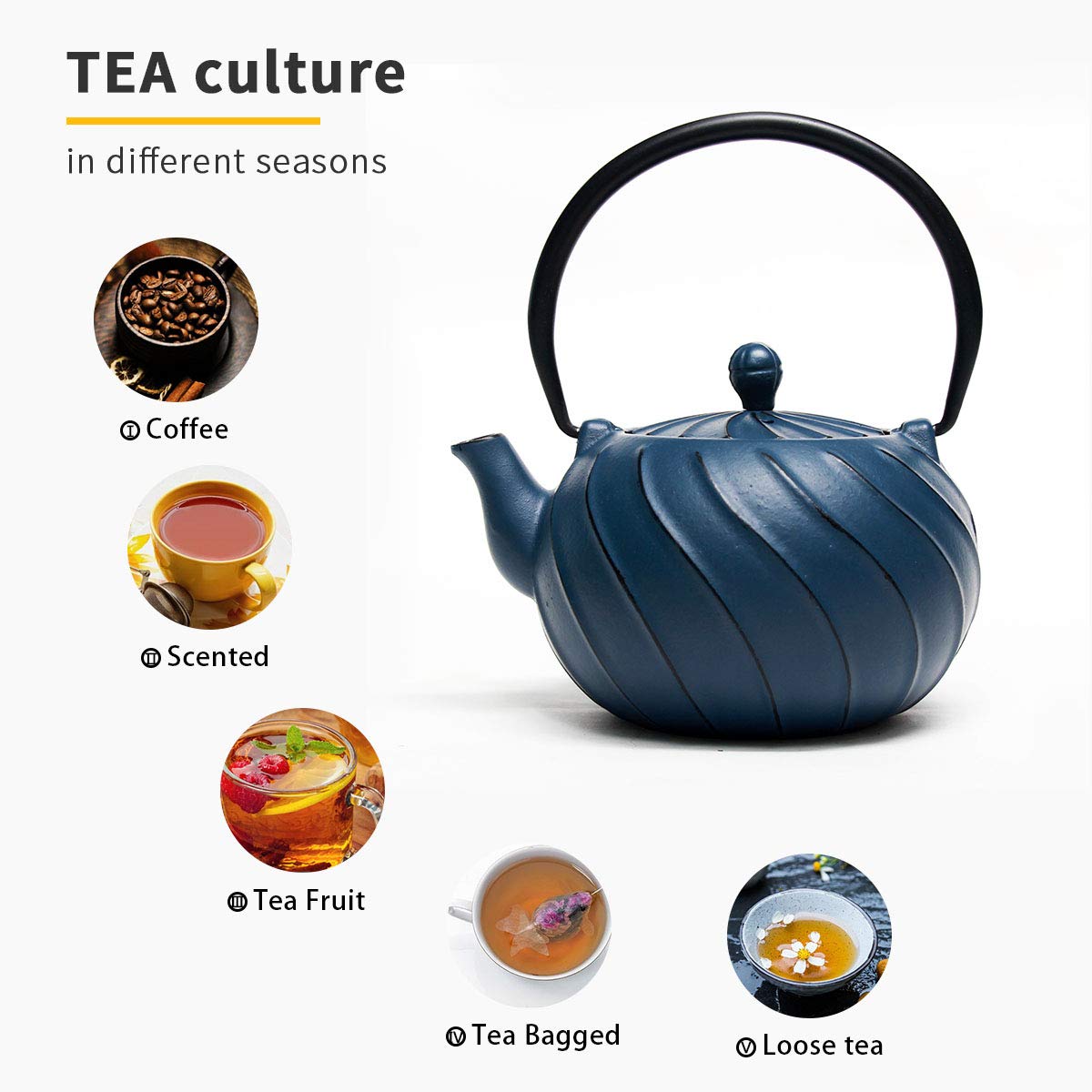 Tea Kettle, TOPTIER Japanese Cast Iron Teapot with Stainless Steel Tea Infuser | Durable Cast Iron Kettle Set [Wave Design] Coated with Full Enameled Interior for 30 Ounce / 900 ml, Navy Blue