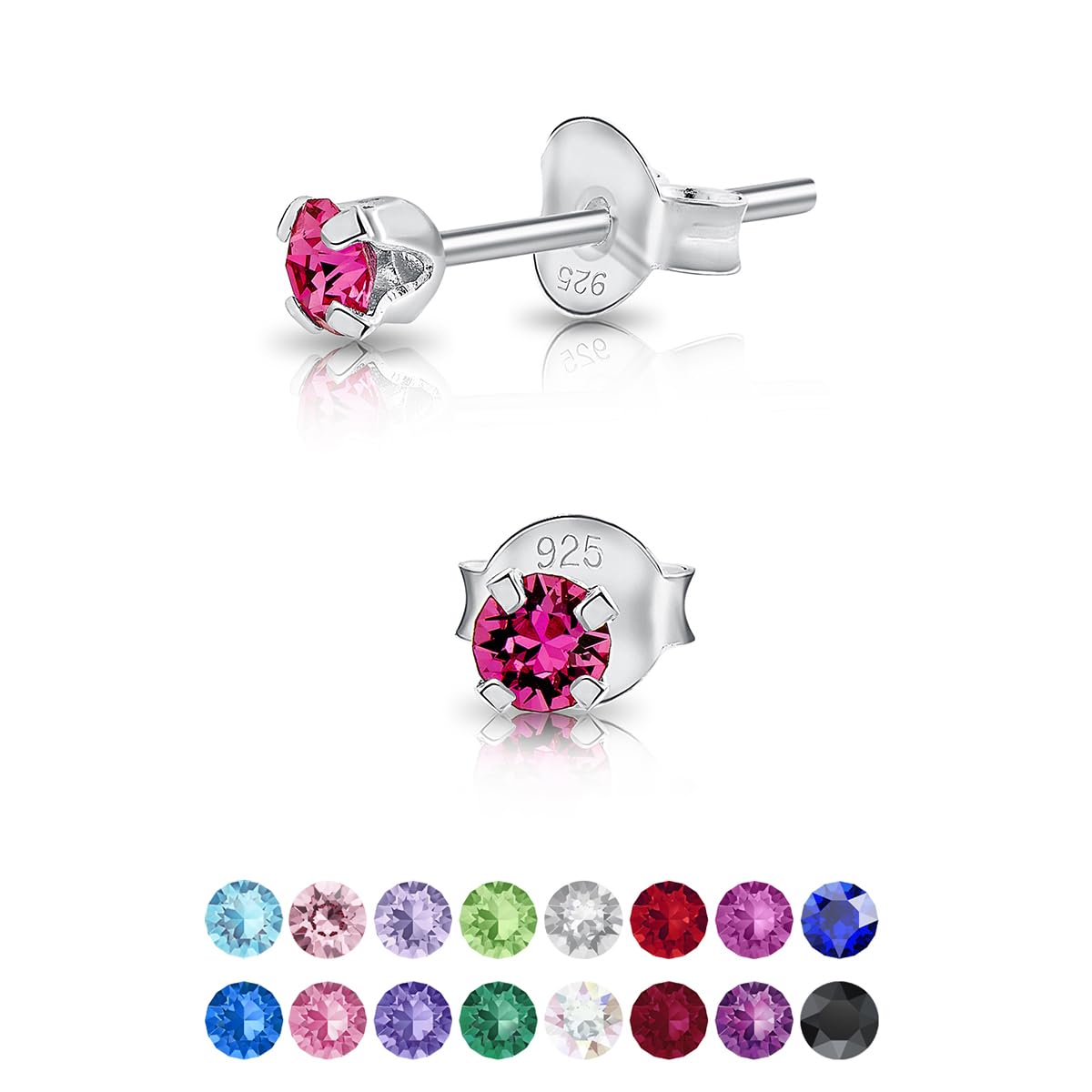 925 Sterling Silver Round Tiny Stud Earrings made with Glittering Crystals - Small Silver Studs Earrings for Woman - Diameter: 3 mm - Colour : Rose