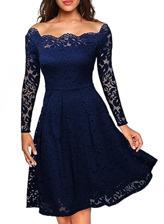 Kostor Damen Spitzenkleid mit Schwung 1950er, Empire Taille Vintage Off Schulter Cocktailkleid, Knielang Abendkleid Langarm/R