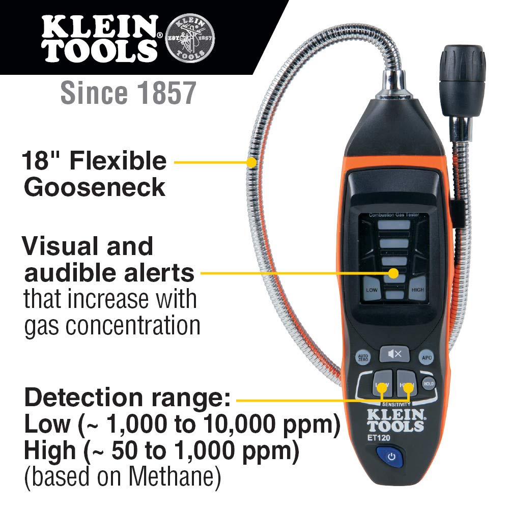 Klein Tools ET120 Gas Leak Detector, Combustible Gas Leak Meter with 18-Inch Gooseneck Has Range 50 - 10,000 ppm, Includes Pouch, Batteries