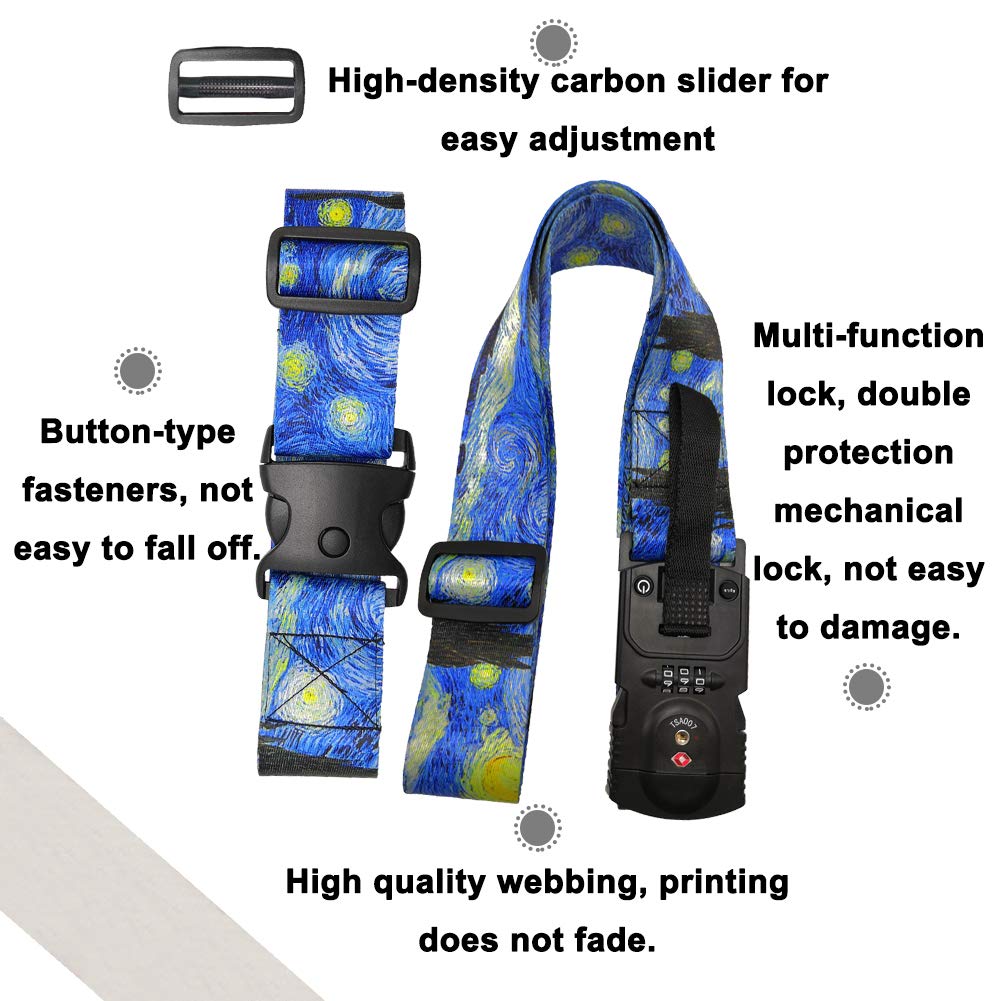 Luggage Straps Luggage Belt Non-slip Combination Lock Digital Scale TSA Compliant Van Gogh Sunflower Print Travel Suitcase Straps Accessories(Starry Night Printed)