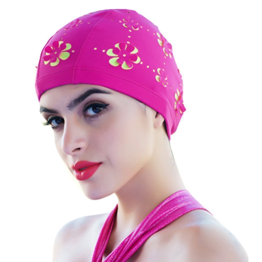 Medifier Hollow out Flowers Swim Bathing Cap for Short and Long Hair Swimming Hat (Rose Red)