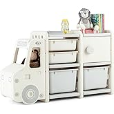 Costzon Toy Storage Organizer, Toy Shelf with with 2 Removable Toy Bins, 2 Pull-Out Drawers, Enclosed Cabinet, Kids Bookshelf, Toy Organizers and Storage for Kids Room, Playroom, Nursery (Beige)