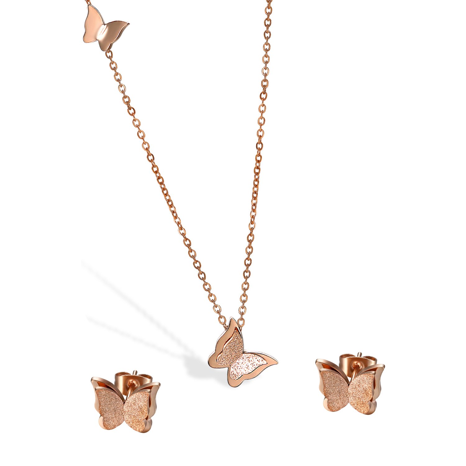 Cupimatch Frosted Butterfly Stud Earrings and Necklace Set, 18k Rose Gold Plated love Jewelry Gift Set for Women