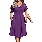 D.Q.RZhong Women's Plus Size V Neck Dress Short Ruffle Sleeve Casual Summer Waistline Tunic Midi Dress with Pockets