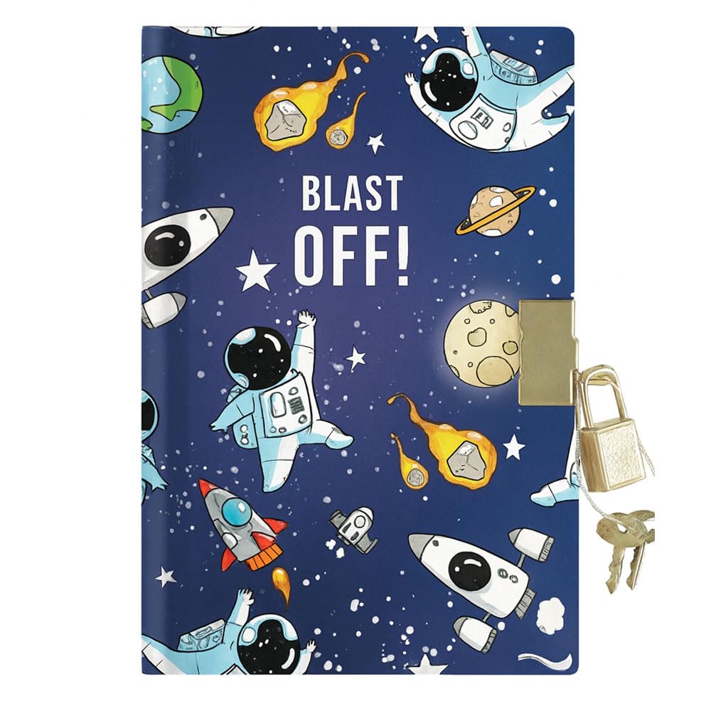 Sixstore A6 Undated Boys Top Secret Diary with Ribbon Divider, Padlock and Key, 15 x 11cm, Kids Notebook for Boys, Spacecraft