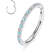 PEAKLINK 316L Surgical Steel Nose Ring Opal Nose Hoop Cartilage Earring Tragus Helix Conch Rook Daith Piercing Jewelry Lip Septum Piercing Silver with CZ & Turquoise 16G 10mm
