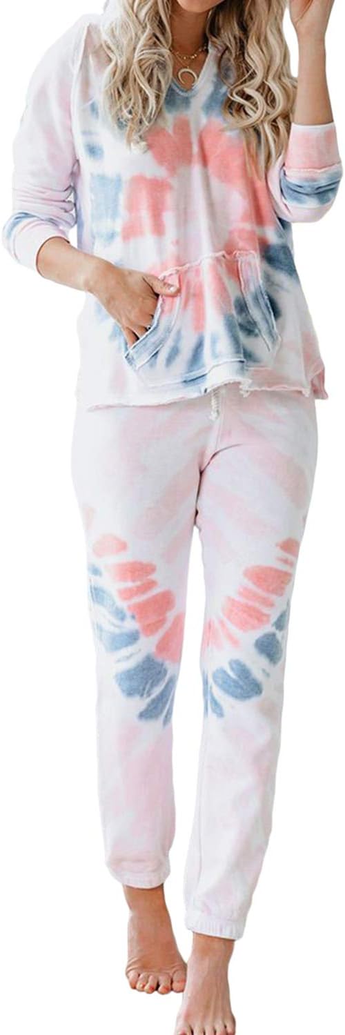 Women's Tie Dye Printed Long Sleeve Tops and Pants Long Pajamas Set Joggers PJ Sets Nightwear Loungewear