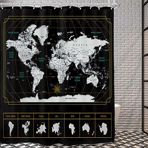 AMBZEK Black World Map Shower Curtain with Detailed Major Cities