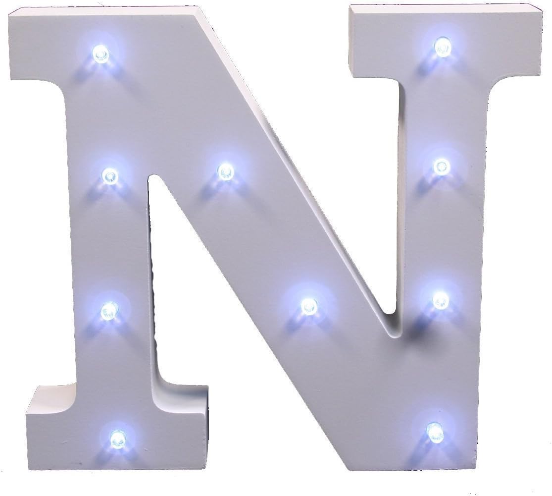 Decorative Alphabet Letters, S7 SEVEN Light Up Wooden Marquee Sign Cool white LED Letter Lights Sign with Battery Operated LED Lights for Party Wedding Decor, Letter (N)