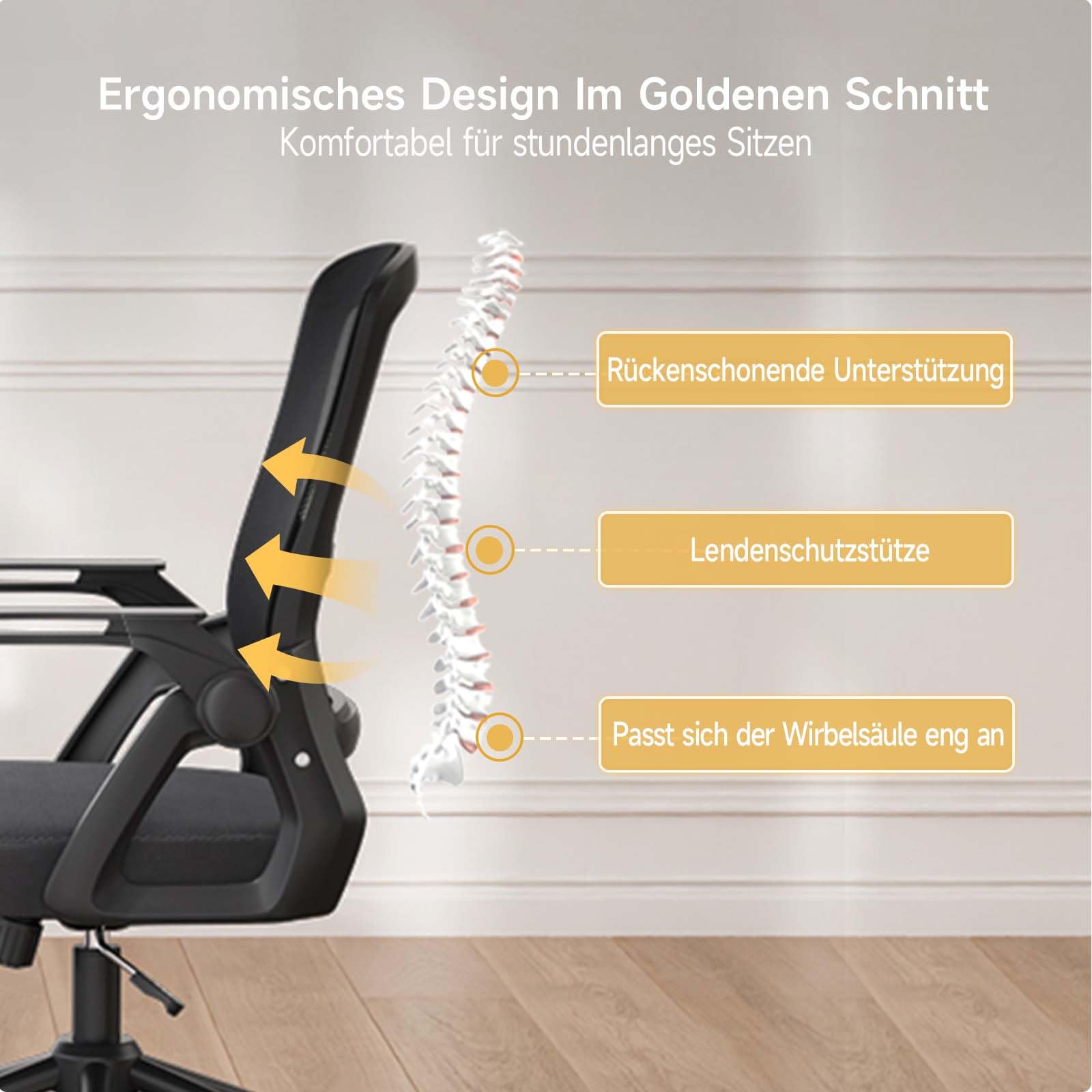 naspaluro Ergonomischer Bürostuhl mit Mesh-Rückenlehne und Lendenstütze, Höhenverstellbarer Schreibtischstuhl mit 90° Klappbaren Armlehnen, Drehstuhl für Homeoffice Büro, Schwarz 3