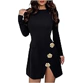 Floerns Women's 3D Floral Long Sleeve Split Dress Crew Neck Elegant A Line Mini Dresses