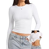 Danysu Double Lined High Round Neck Long Sleeve Tops for Women with Built in Bra Nylon Basic Crop Fall Tee Shirts