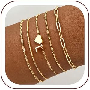 Turandoss 5PCS Heart Initial Bracelet Set for Girls, Jewelry Birthday Gifts | 14K Gold Plated Heart Letter A-Z Charm Bracelet
