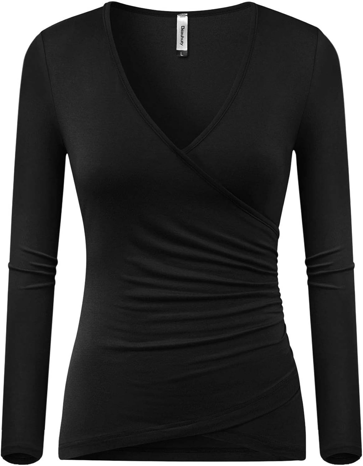 Beauhuty Women's Top Deep V Neck Slim Fitted T-Shirt Front Surplice Wrap Short/Long Sleeve Tees