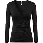 Beauhuty Women's Deep V Neck Slim Fitted Long Sleeve T-Shirt Front Wrap Ruched Tee Tops