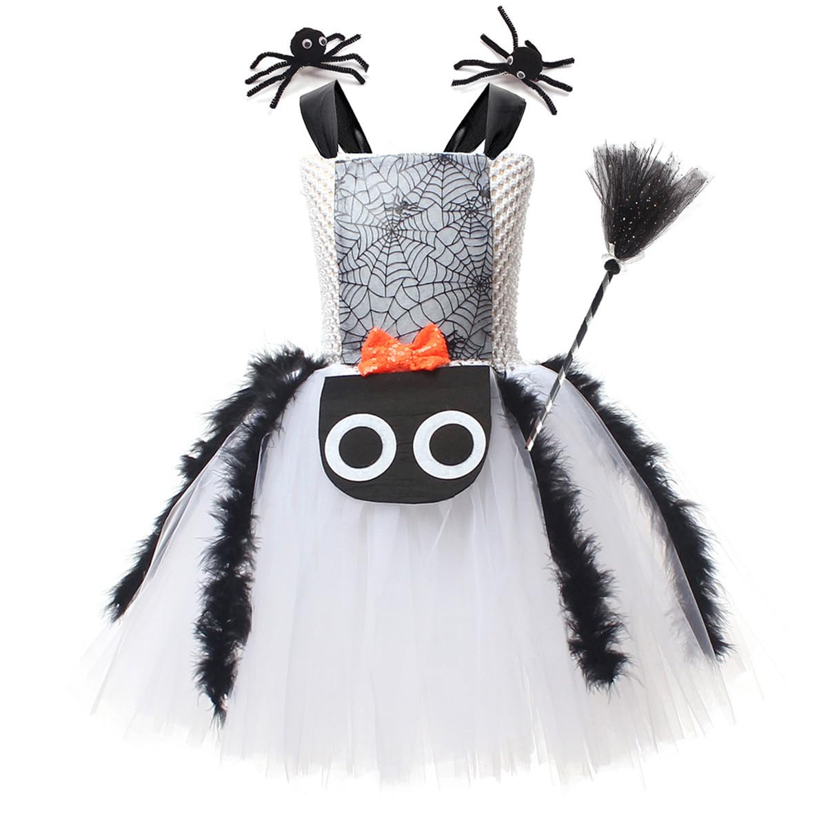 IBAKOM Girls Witch Costume Spider Ruffle Tulle Dress with 1 Pair Hair Clips and Broom Kids Spider Fancy Dress Up Outfit for Carnival Masquerade Party White 10-12Y
