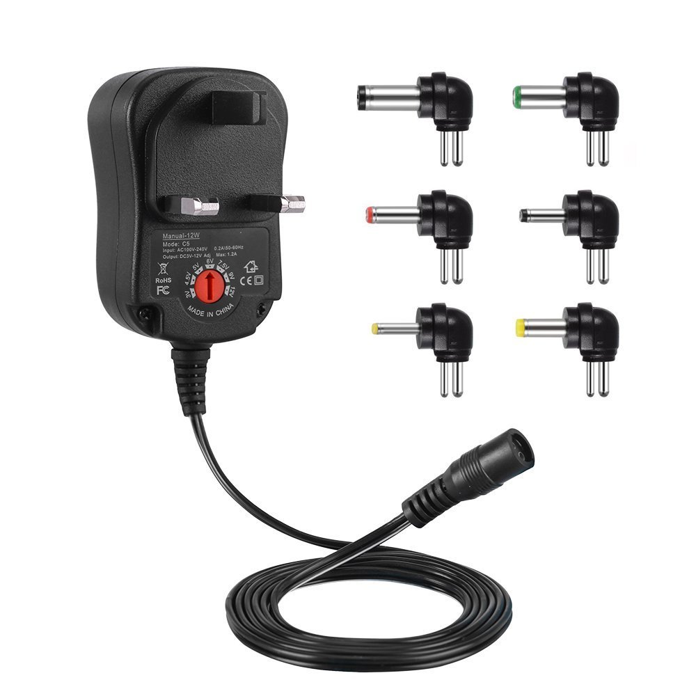 BW International Power Adapters - AC to DC Power Transformer Universal 12W 3V 4.5V 5V 6V 7.5V 9V 12V 1A 1000mA with 6Pcs DC Replaceable Tips for Household Electronic Devices CCTV Cameras TV Box
