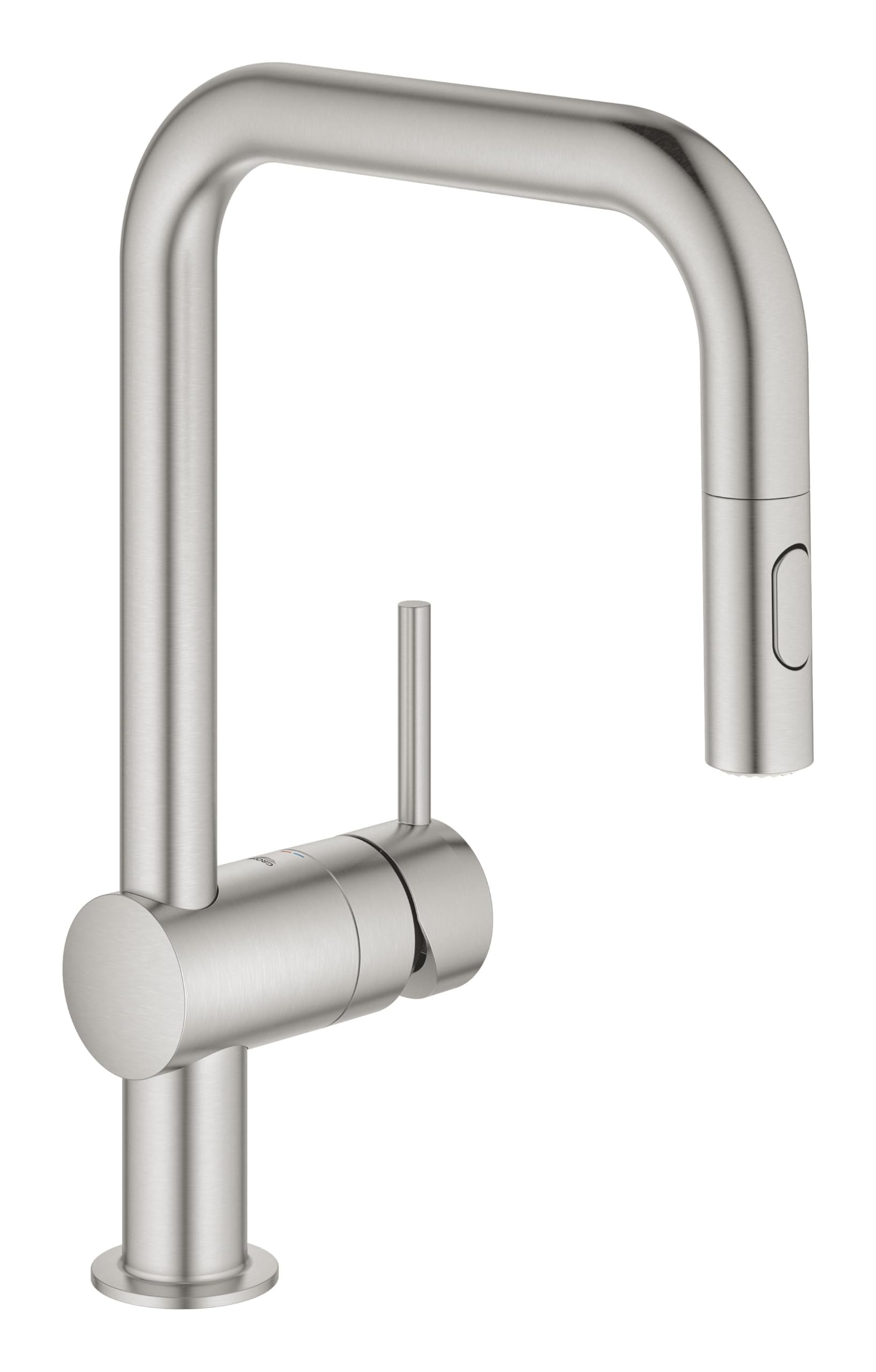 GROHE Minta - Single Lever Kitchen Mixer Tap with Pull-Out Spray (2 Spray Options, High U-Spout, 360° Swivel Range, 46 mm Ceramic Cartridge, Easy to Install, Tails 3/8 Inch), Supersteel, 32322DC2