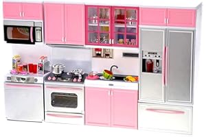 PowerTRC Doll Kitchen Play Set, Mini Modern Toy Pink Kitchen Pretend Play Furnitures Toy Set Accessories Set with Realistic Light & Sound for Kids Toddlers Girls (4-in-1)