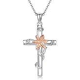 YAFEINI Lily Necklace 925 Sterling Silver Cross Necklace for Women Cross Flower Jewelry Gifts for Women