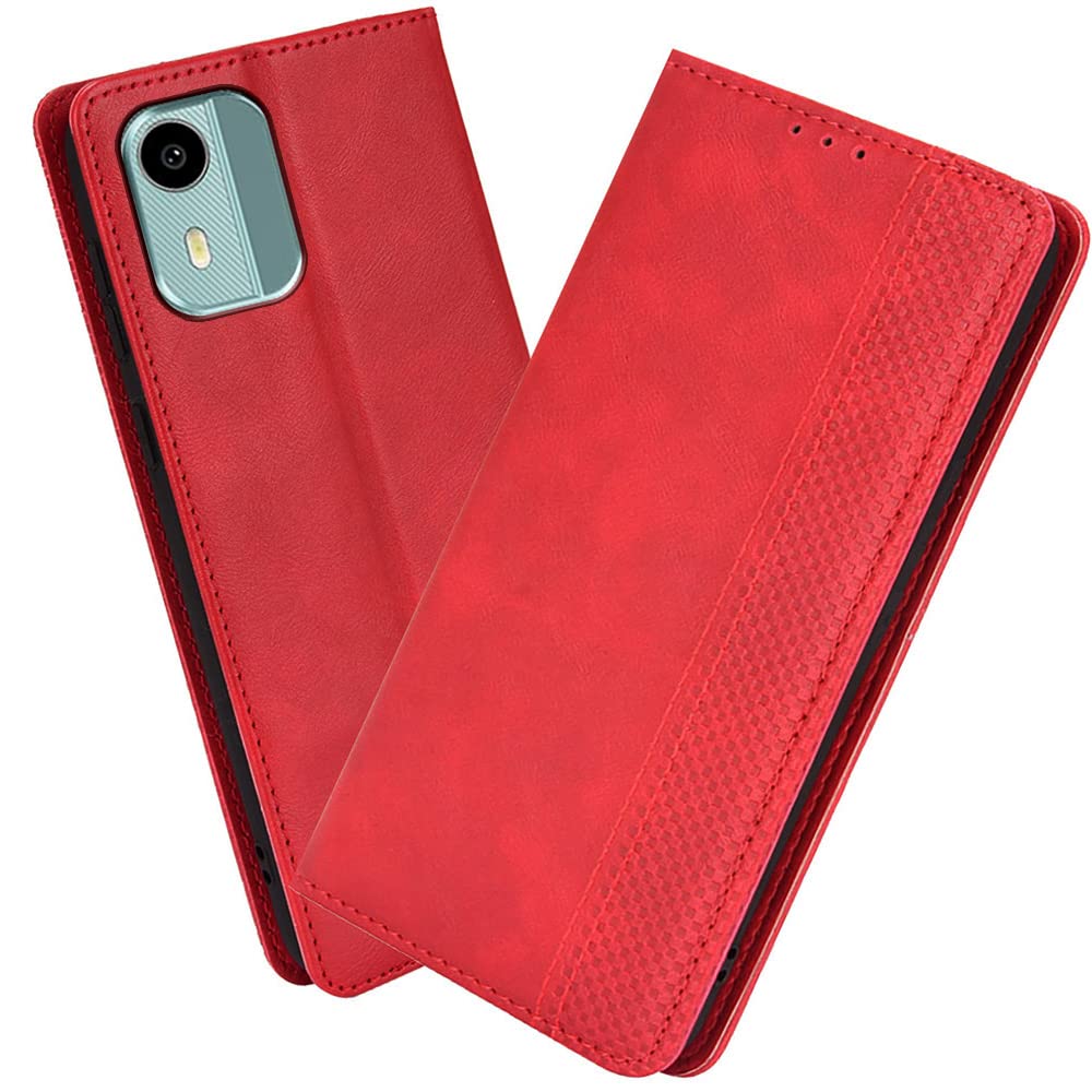 XINNI Protective Phone Case for Nokia C12, PU/TPU Vintage Flip Leather Shockproof Cover Magnetic Book Style Wallet, Red — image 1