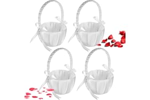 LEBSITEY 4PCS Wedding Flower Baskets, White Satin Bowknot Flower Baskets Pearl Collection Flower Girl Baskets for Weddings (Pearl Bow)