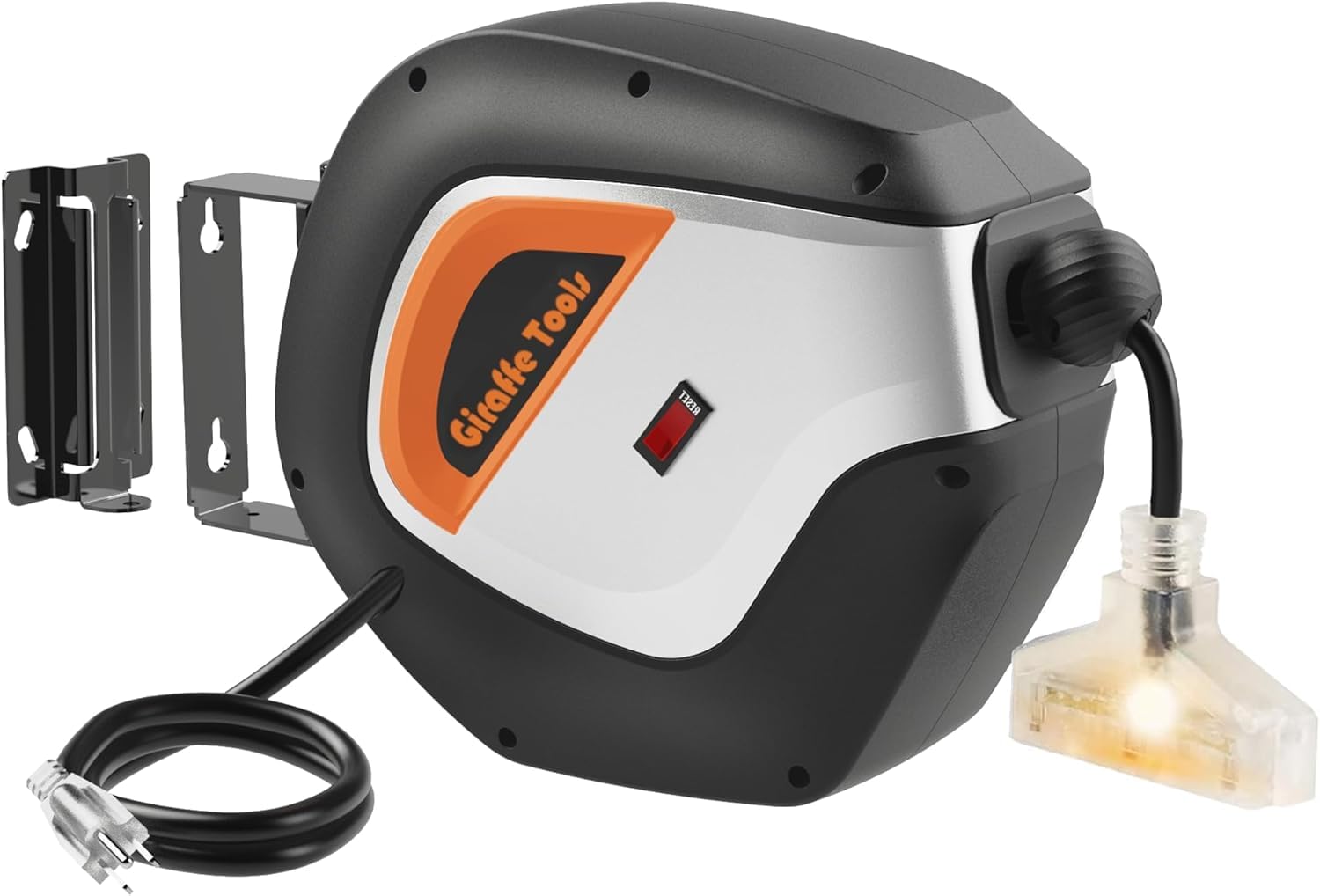 Photo 1 of ** UNKNOWN FUNCTIONALITY **Giraffe Tools Retractable Power Cord Reel, 50ft 12AWG/3C SJT Heavy Duty Extension Cord Storage Reel Wall/Ceiling Mount for Garage with Lighted Triple Tap