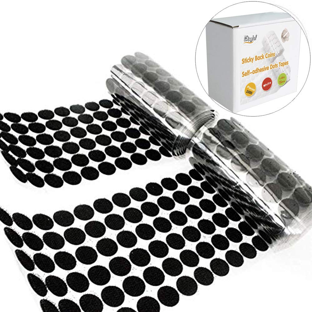 1000pcs Adhesive (500 Pair Sets) 0.59in Diameter Sticky Back Coins Hook & Loop Self Adhesive Dots Tapes (15mm D Black)