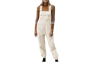 HGps8w Fuzzy Fleece Overalls for Women Adjustable Strap Winter Warm Sherpa Bib Pants Casual Jumpsuits with Pockets