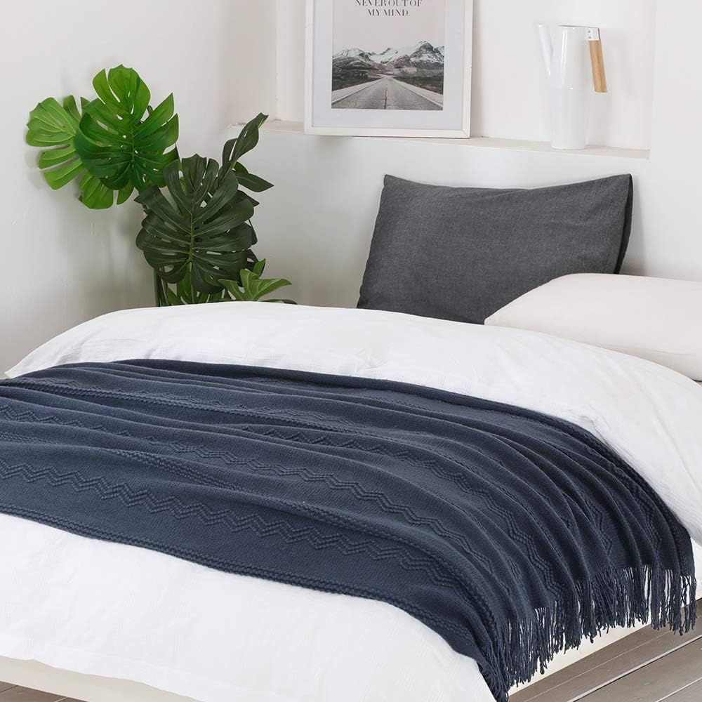 Bourina Textured Solid Soft Sofa Throw Couch Cover Knitted Decorative Blanket, Navy, 60" x 80": Home & Kitchen