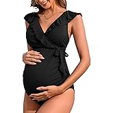 Charmo Ribbed Maternity Swimsuit Ruffle V Neck Side Tie Knot One Piece Pregnancy Bathing Suit Push up Swimwear for Women