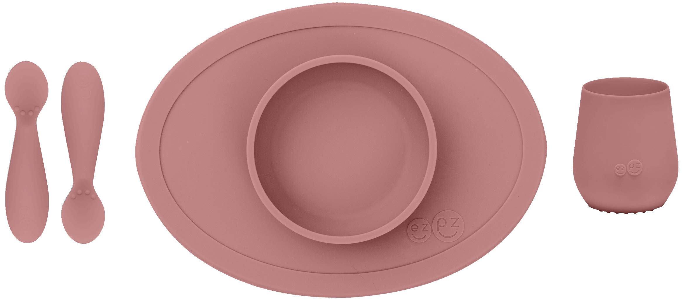 ezpz (イージーピージー) ファーストフードセット 【 ひっくり返らない ベビー食器セット 】離乳食 食器セット 赤ちゃん シリコンマット プレート スプーン コップ 吸盤 ローズピンク色商品画像