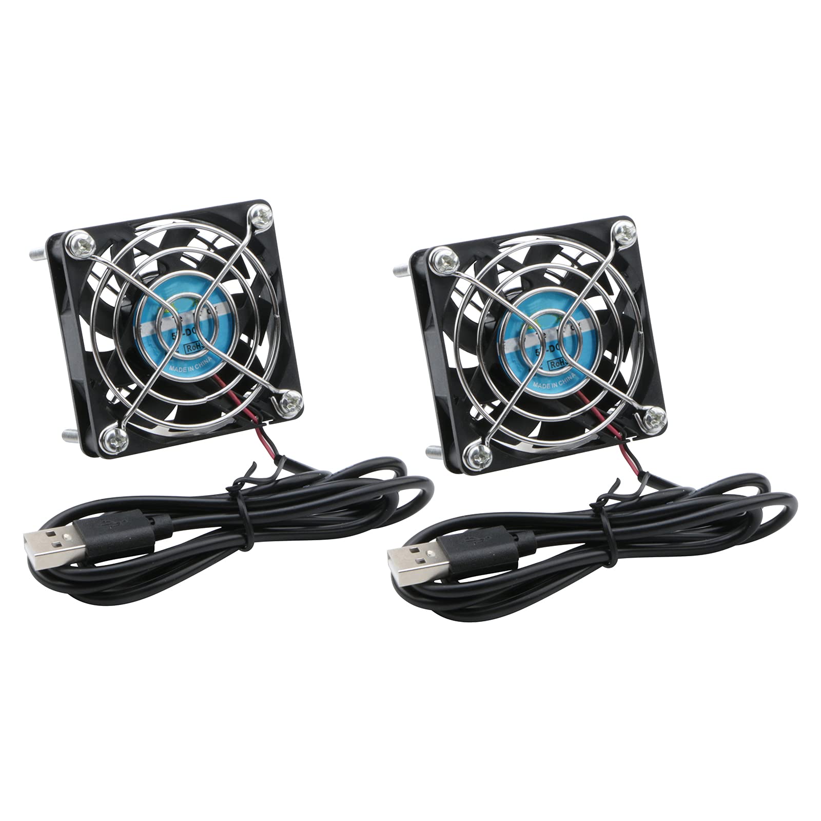 Rowiz 2pcs 5V 60mm (6cm) USB Cooling Fan, Case Fan with Protective Metal Grille, Silent Heatsink for Router PC CPU TV Box, 60×60×25mm