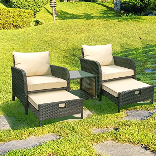 LeveLeve 5 Piece Patio Conversation Set, PE Wicker Rattan Outdoor Lounge Chairs with Soft Cushions 2 Ottoman&Glass Table for Porch,Pool Balcony, Lawn-Brown Wicker (Sand)