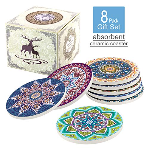 Coasters for Drinks,Absorbent Ceramic Stone with Cork Backing Mandala Style Coaster, Suitable for Kinds of Cups and Mugs,Protect Your Furniture from Spills Scratches Water Rings and Damage, Set of 8