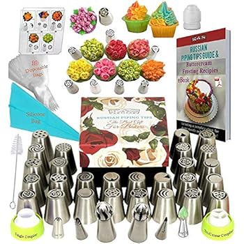 K&S Artisan Russian Piping Tips Set DELUXE Cake Decorating Tips 33 GENUINE Icing Nozzles Easy to Use For Cupcake Decorating- 2 Ball Tips 3 Couplers) 30 Frosting Bags Pattern chart, Ebook User Guide