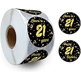 REWIDPARTY Black Gold 21st Birthday Stickers - Cheers to 21 Years, Anniversary Party Decorations - Adhesive Stickers (500 Per Roll)