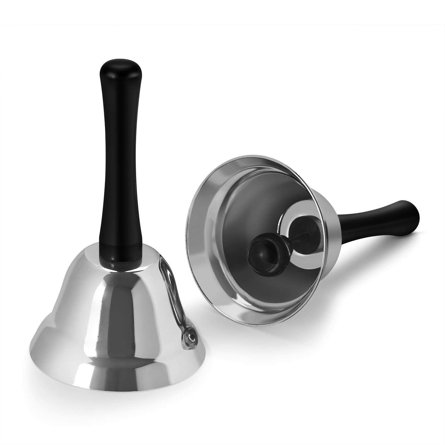 Flexzion Hand Bell for Service - Loud Dinner Bell & Desk Bells with Black Handle, Silver Steel Ringer for Classroom, Hotel Front Desk, School, Elderly at Home Nurse Call Pet Training Food Line, 2 Pack