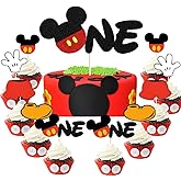 26 Pcs Red 1st Birthday Cake Topper Glitter Boys One Cupcake Toppers for Baby Boys One Year Old Birthday Baby Shower Party Cake Supplies Decorations