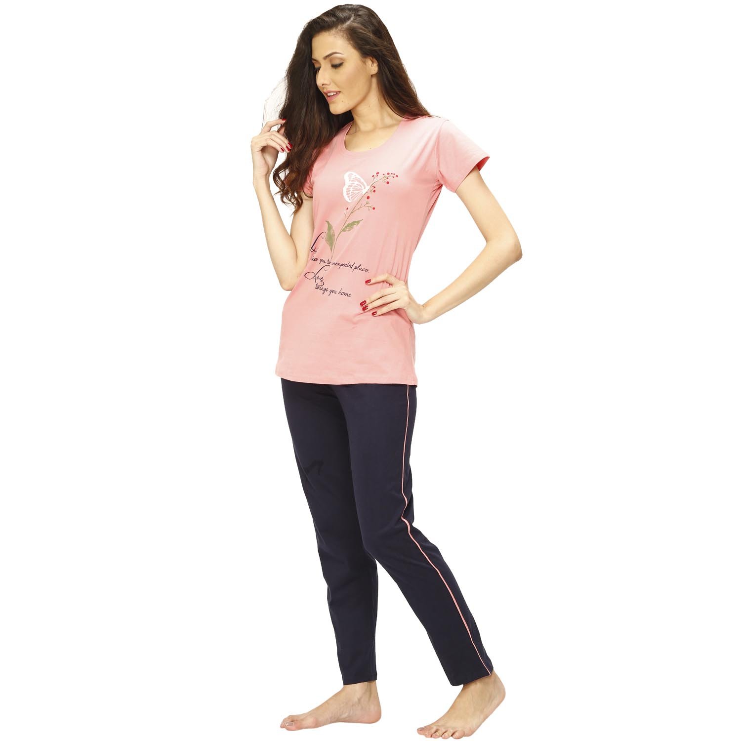 vixenwrap peach pink & navy blue printed top & pyjama set