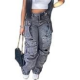 Cargo Jeans for Women Y2K High Waisted Baggy Jeans Straight Wide Leg Cargo Pants Streetwear