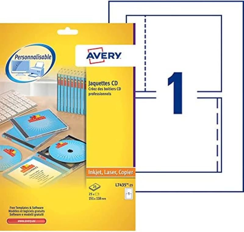 AVERY L7435-25 CD Case Inserts for Front Back Spine 151x118mm Laser Inkjet