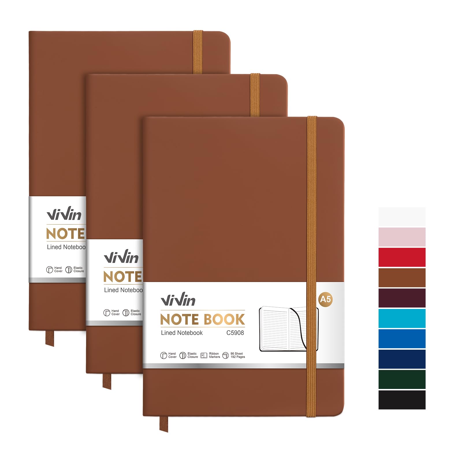 Photo 1 of ViVin Lined Journal Notebooks, 3 Pack, Brown, 192 Pages, Medium 5.5 x 8.3 inch, College Ruled, A5 Hardcover Notebooks, Journaling Notebooks for Writing, Business, School
