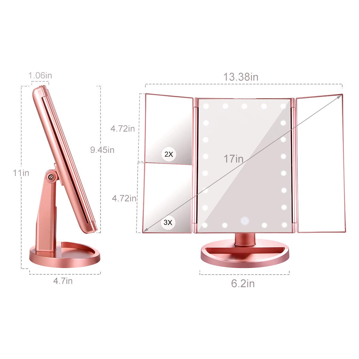 KOOLORBS Makeup Mirror with Lights, 21 LED Vanity Mirror with 1x 2X 3X Magnification, Touch Screen Switch, 180 Degree Rotation Rotation, Dual Power Supply, Portable Trifold Mirror : Beauty